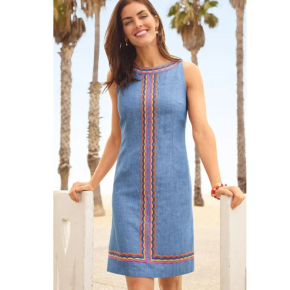 Talbots Linen Scallop Detail Shift Dress chambray 29391 - Picture 1 of 15